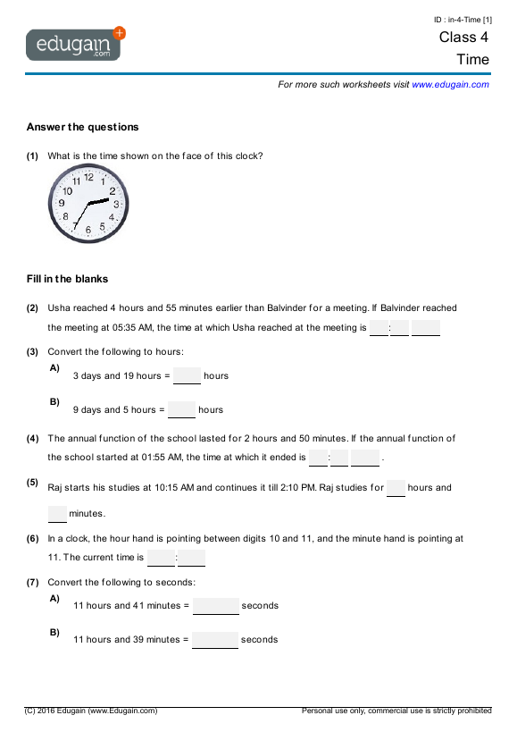 Grade 4 - Time | Math Practice, Questions, Tests, Worksheets, Quizzes, Assignments | Edugain Indonesia