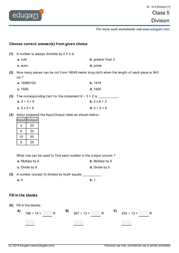 Grade 5 - Division | Math Practice, Questions, Tests, Worksheets, Quizzes, Assignments | Edugain Indonesia
