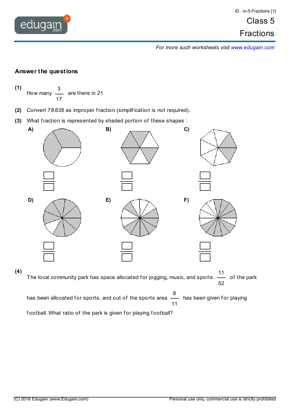 Grade 5 - Fractions | Math Practice, Questions, Tests, Worksheets, Quizzes, Assignments | Edugain Indonesia