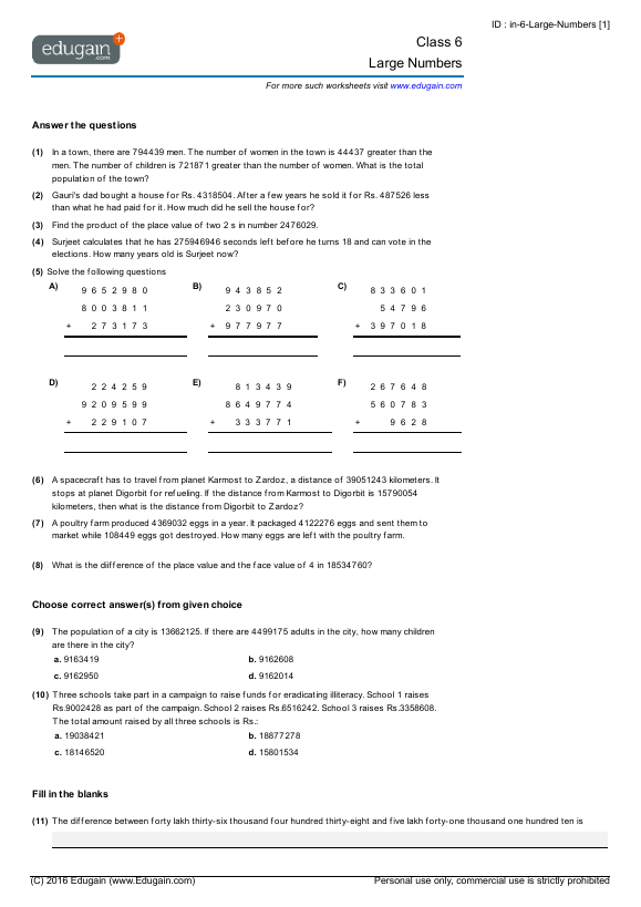 Grade 6 - Large Numbers | Math Practice, Questions, Tests, Worksheets, Quizzes, Assignments | Edugain Indonesia