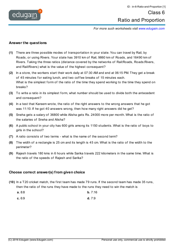 Grade 6 - Ratio And Proportion | Math Practice, Questions, Tests, Worksheets, Quizzes, Assignments | Edugain Indonesia