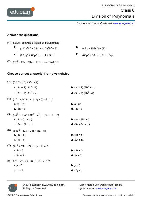 Grade 8 - Division Of Polynomials | Math Practice, Questions, Tests, Worksheets, Quizzes, Assignments | Edugain Indonesia