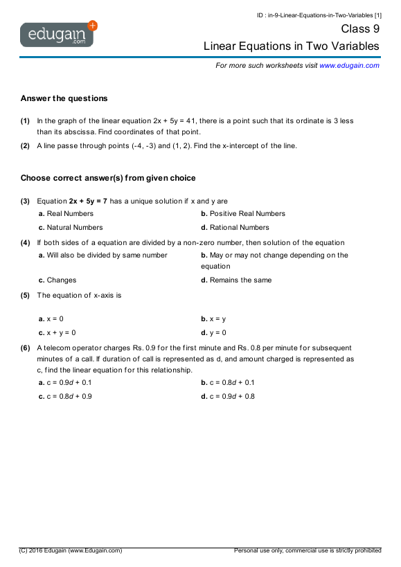 Grade 9 Linear Equations In Two Variables Math Practice Questions Tests Worksheets Quizzes Assignments Edugain Indonesia